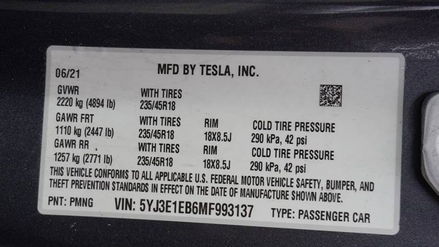 2021 Tesla Model 3 5YJ3E1EB6MF993137