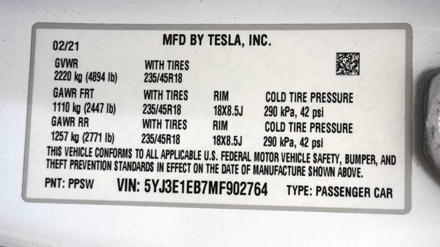 2021 Tesla Model 3 5YJ3E1EB7MF902764