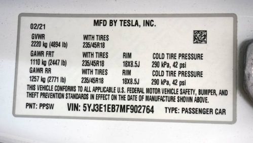 2021 Tesla Model 3 5YJ3E1EB7MF902764