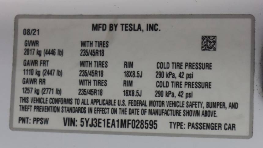 2021 Tesla Model 3 5YJ3E1EA1MF028595