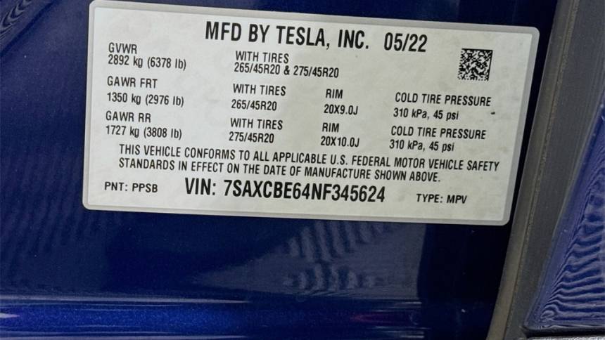 2022 Tesla Model X 7SAXCBE64NF345624