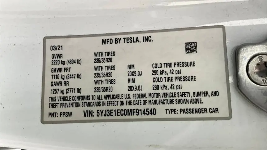 2021 Tesla Model 3 5YJ3E1EC0MF914540