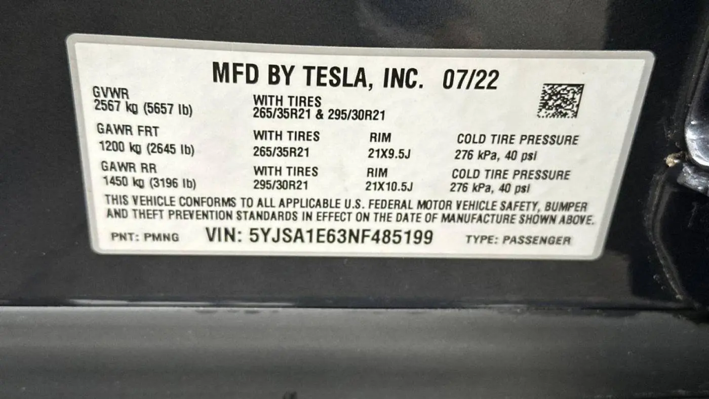 2022 Tesla Model S 5YJSA1E63NF485199