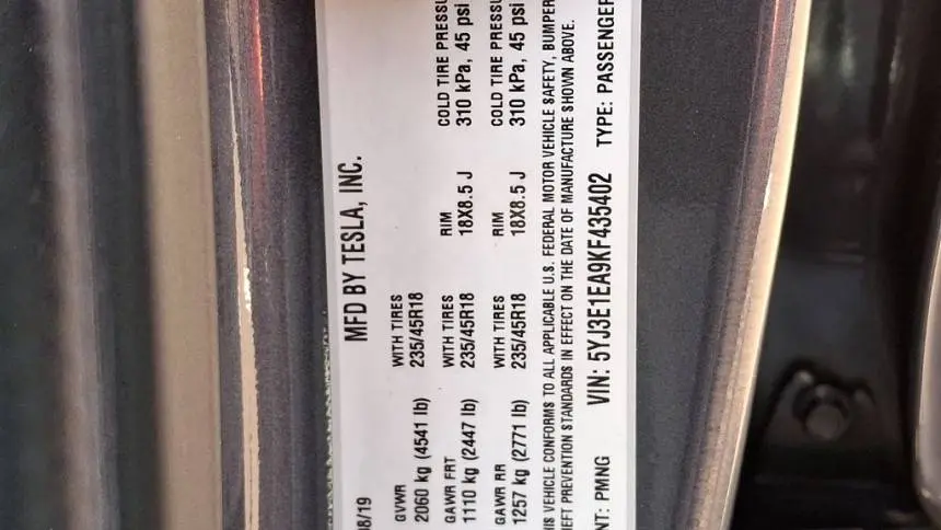 2019 Tesla Model 3 5YJ3E1EA9KF435402