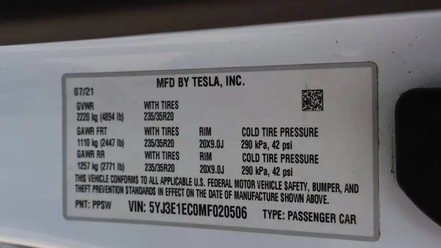 2021 Tesla Model 3 5YJ3E1EC0MF020506