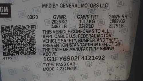 2020 Chevrolet Bolt 1G1FY6S02L4121492