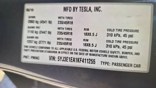 2019 Tesla Model 3 5YJ3E1EA1KF411255