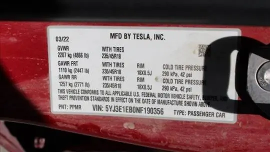 2022 Tesla Model 3 5YJ3E1EB0NF190356