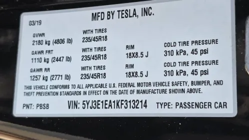 2019 Tesla Model 3 5YJ3E1EA1KF313214