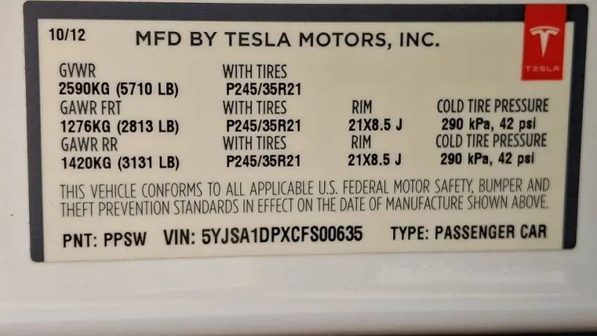 2012 Tesla Model S 5YJSA1DPXCFS00635