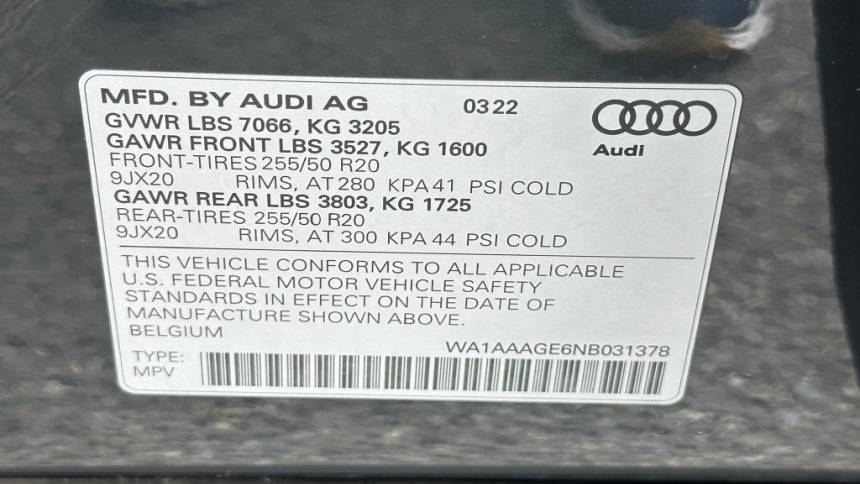 2022 Audi e-tron WA1AAAGE6NB031378