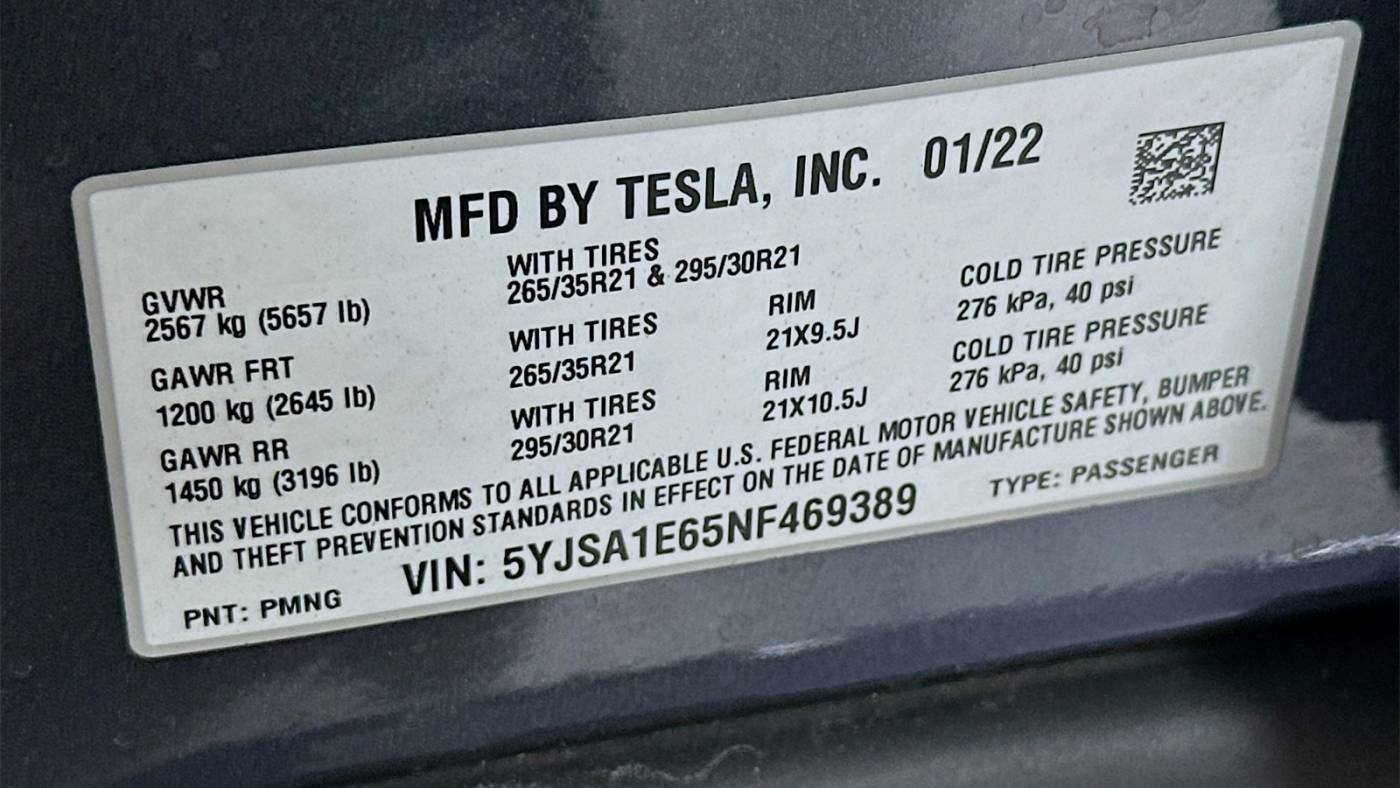 2022 Tesla Model S 5YJSA1E65NF469389