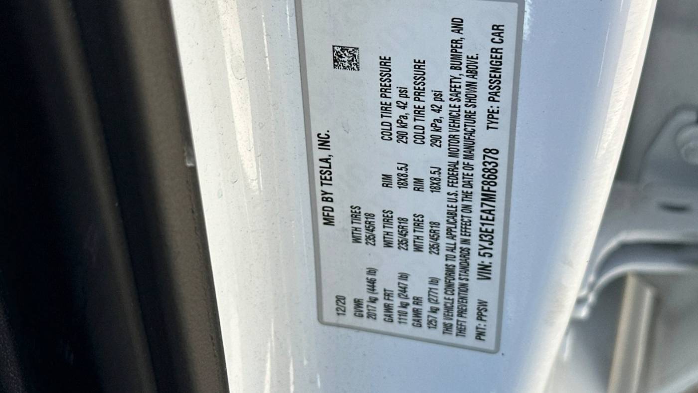 2021 Tesla Model 3 5YJ3E1EA7MF868378