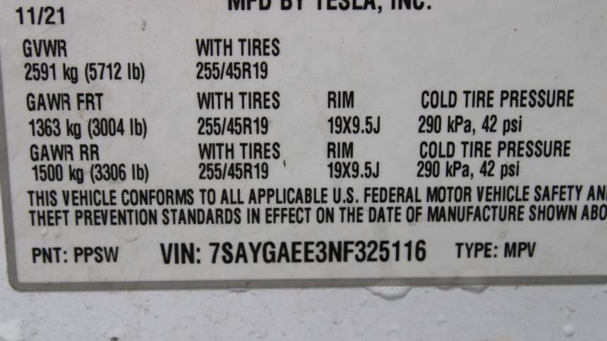 2022 Tesla Model Y 7SAYGAEE3NF325116